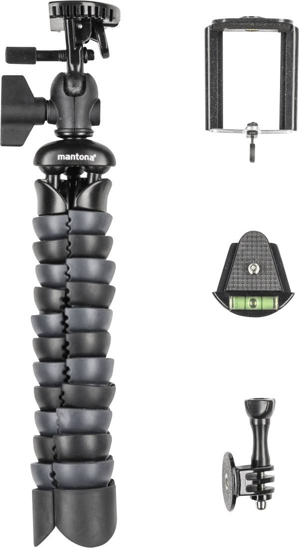 Mantona Armadillo Spezialstativ 1/4 Zoll Arbeitshöhe=12.5 - 28 cm Schwarz, Grau Für Smartphones und GoPro, Wasserwaage