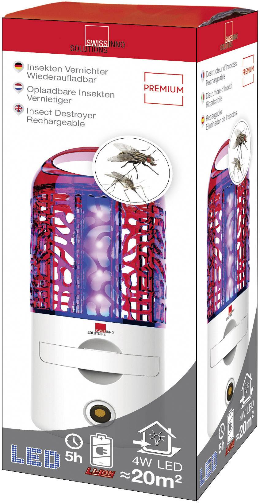 Nachfüllbarer Insektenvernichter mit LED-Licht, abgebildeter vertikaler Behälter, geeignet für Flächen bis 20 m², zeigt Fliege.