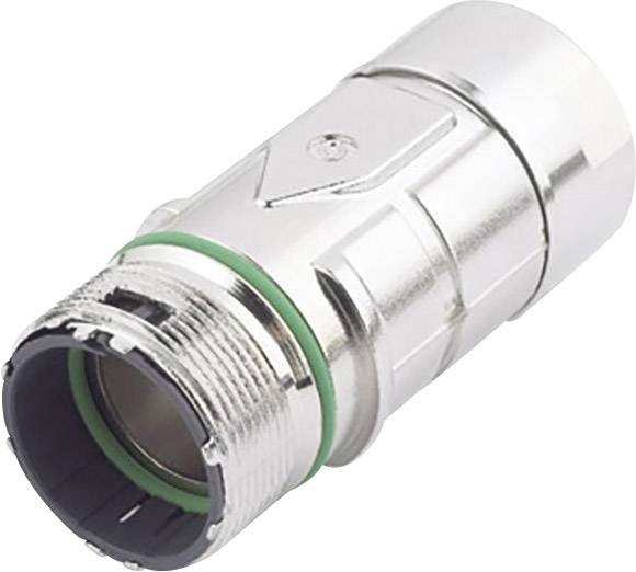 Ein silberner Metalladapter mit Gewinde und grünem Dichtungsring, zur Verbindung von Kabeln oder Rohren verwendet.