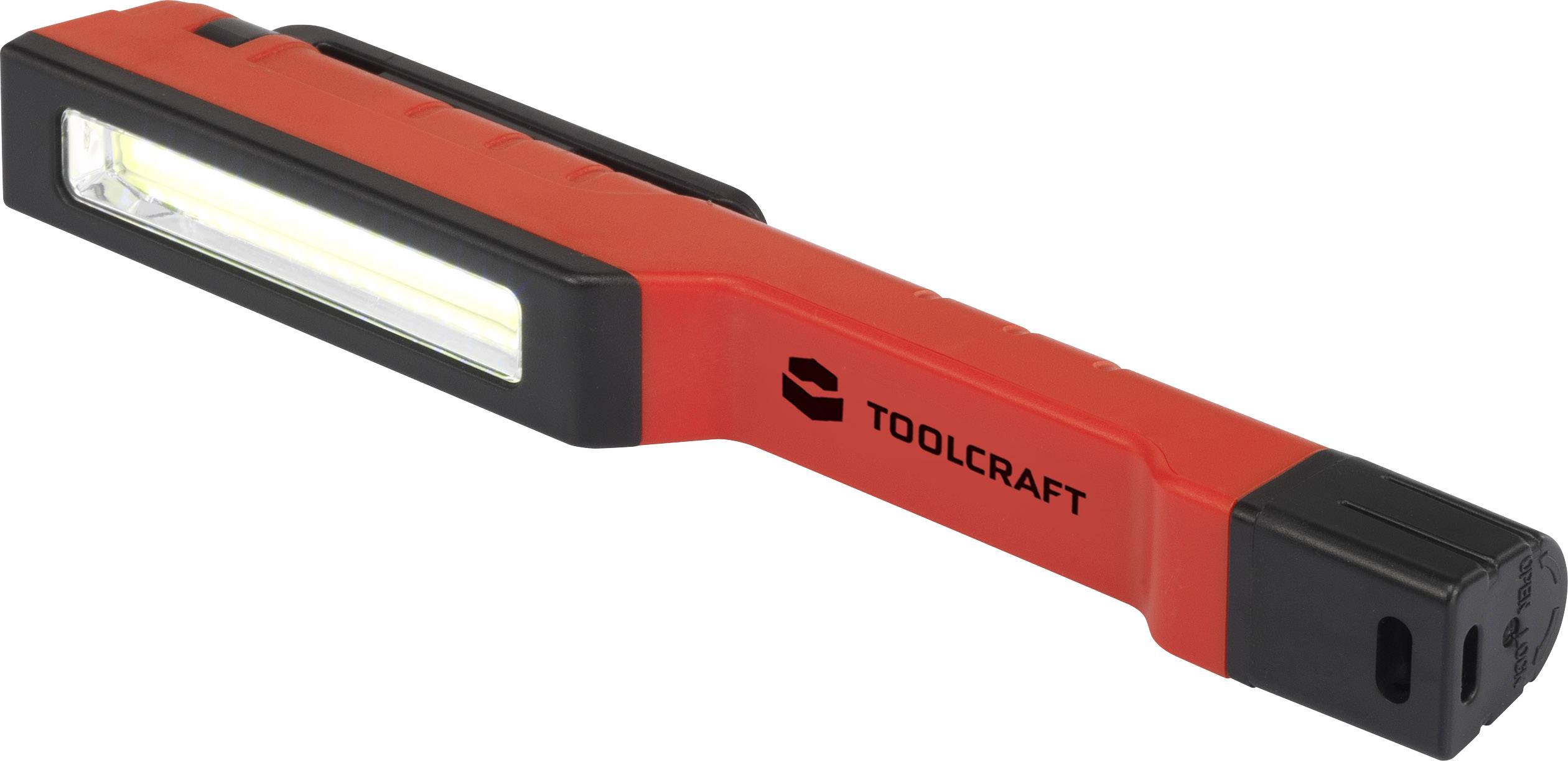 Rote und schwarze tragbare LED-Arbeitsleuchte der Marke Toolcraft, geeignet für den Einsatz in Werkstätten oder bei Reparaturen.