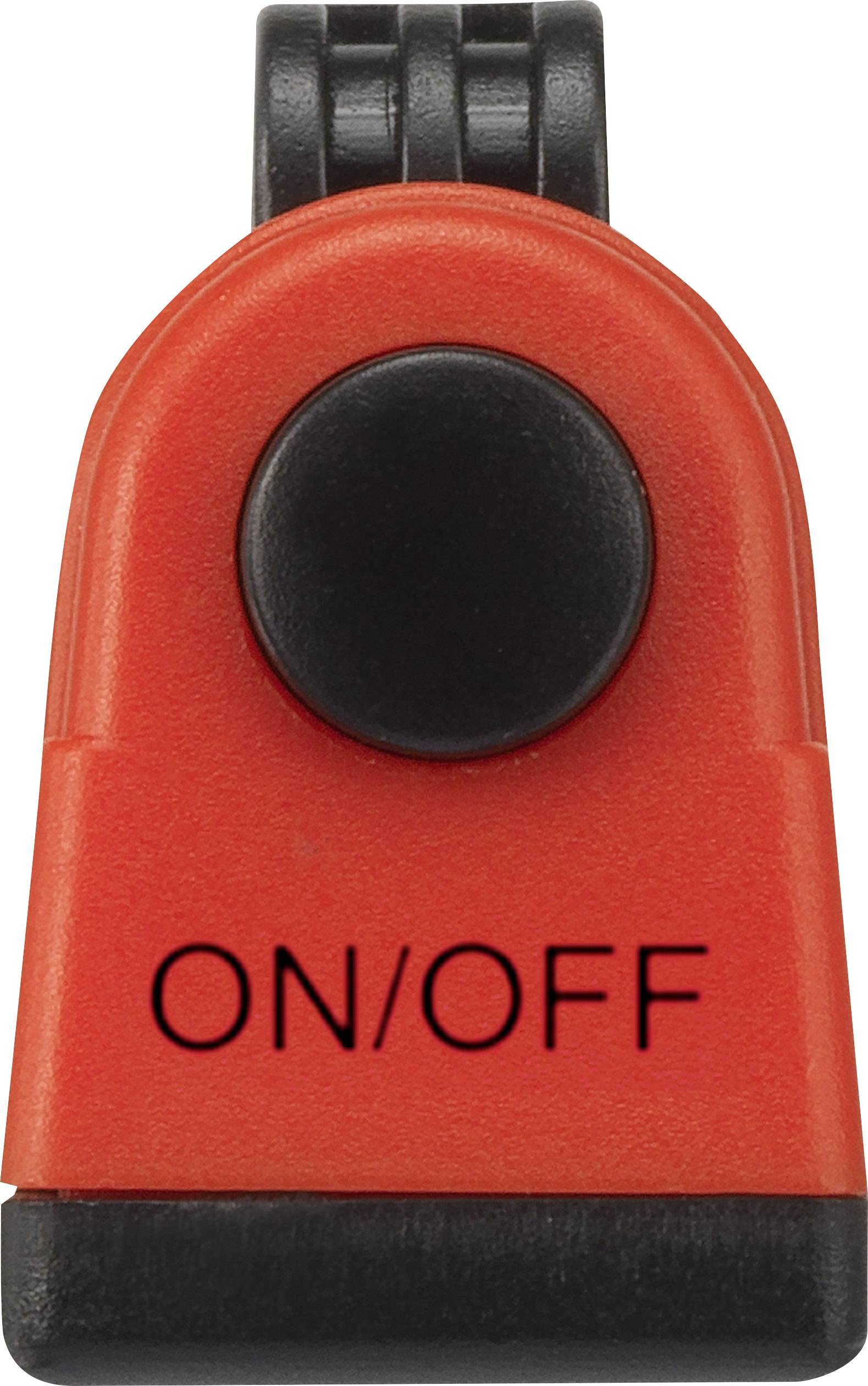 Roter Ein-/Ausschalter mit schwarzem Knopf und der Aufschrift 'ON/OFF'.