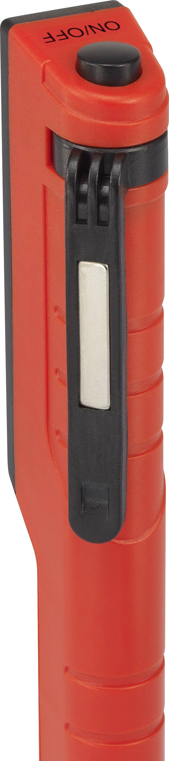 Roter Kugelschreiber mit schwarzem Clip, Aufschrift 'OFF/ON' auf der Kappe.