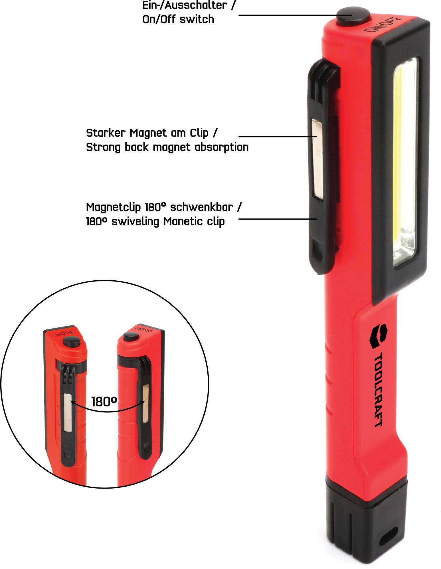 TOOLCRAFT 1593959 Penlight, Arbeitsleuchte batteriebetrieben LED 31mm Rot/Schwarz