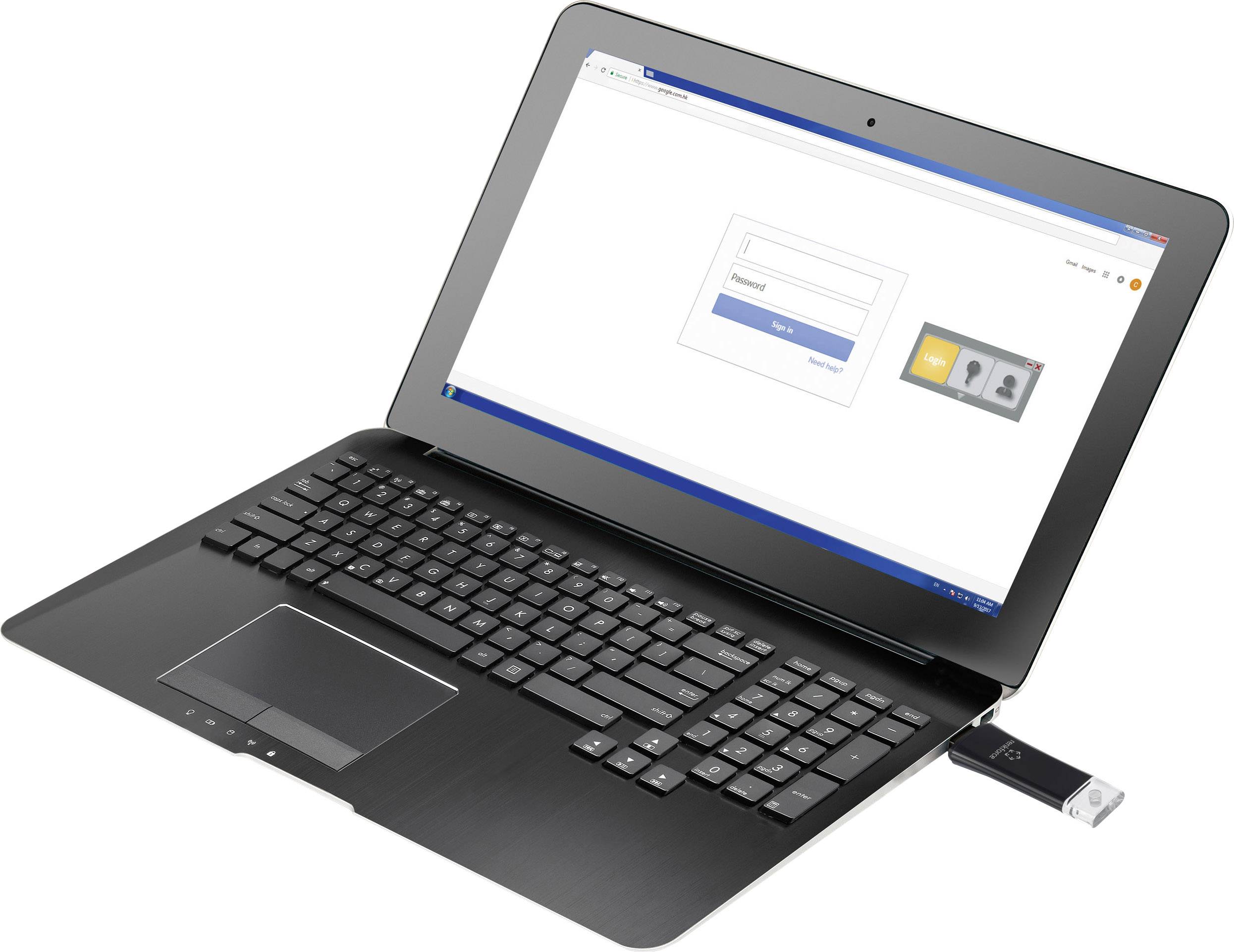 Ein Laptop mit einem eingesteckten USB-Stick zeigt ein Anmeldefenster für die Eingabe von 'Benutzername' und 'Passwort' auf dem Bildschirm.