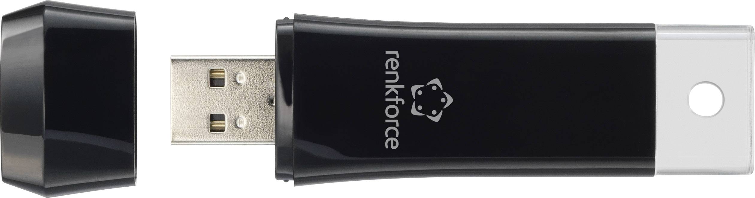 Schwarzer USB-Stick der Marke Renkforce mit abgenommener Kappe, silbernem Anschluss und kleinem Logo in der Mitte.