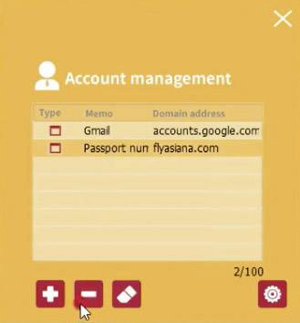 Benutzeroberfläche des Kontoverwaltungsprogramms, zeigt zwei Einträge: Gmail und Passport, mit Optionen zum Hinzufügen, Entfernen oder Bearbeiten.