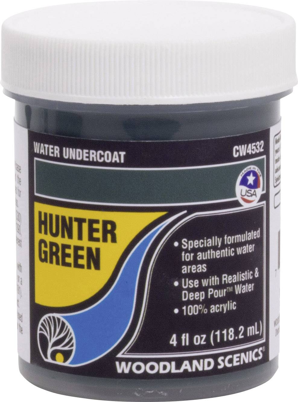 Behälter mit grüner Farbe, etikettiert als 'Hunter Green', 118,2 ml. Speziell für Wasserflächen formuliert. Woodland Scenics Marke.