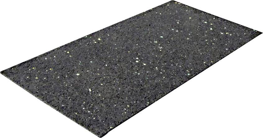 Eine rechteckige, schwarze Matte mit kleinen, bunten Sprenkeln. Sie könnte als Bodenbelag oder Dämpfungsmatte verwendet werden.