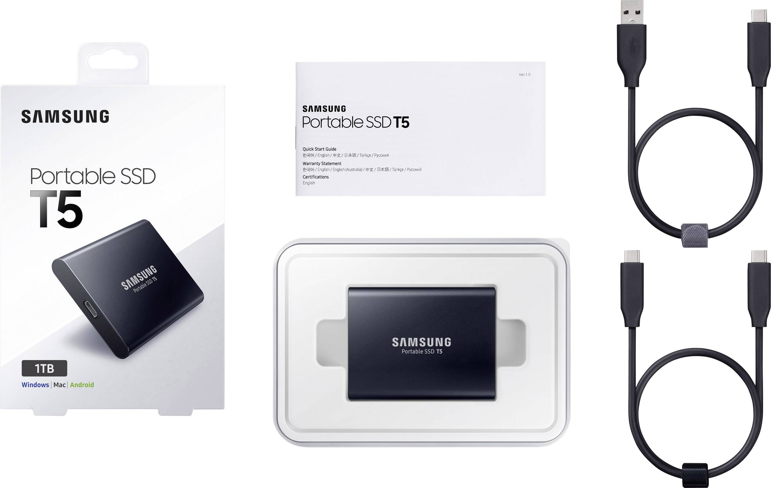 Samsung Portable T5 1TB Externe SSD USB-C™ USB 3.2 (Gen 2) Deep Black MU-PA1T0B/EU