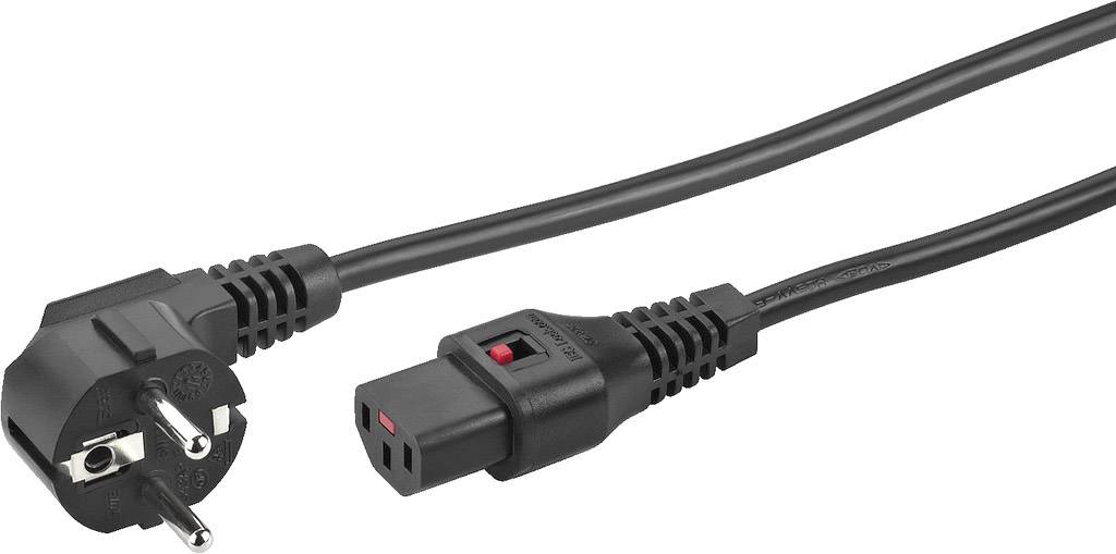 Ein schwarzes Netzkabel mit einem Eurostecker an einem Ende und einem Buchsenstecker am anderen Ende, geeignet für elektronische Geräte.