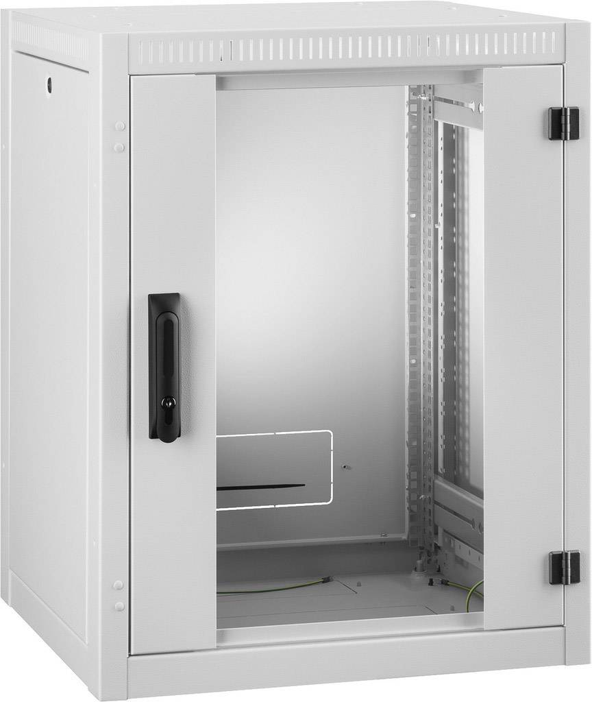 Ein grauer, leerer Netzwerk- oder Serverschrank mit Glastür und Belüftungsschlitzen, geöffnet, zur Darstellung der Innenstruktur.