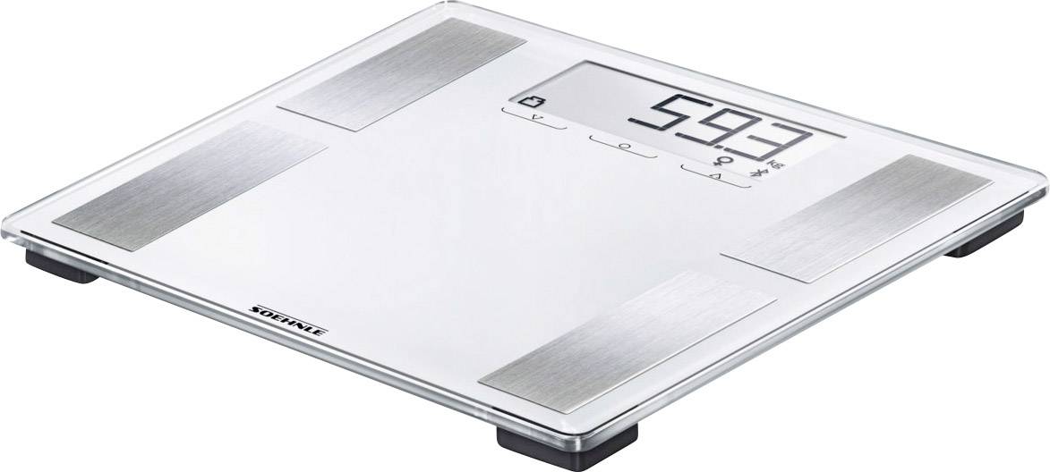 Digitale Waage zeigt das Gewicht '59,7 kg' an. Sie hat ein flaches, transparentes Design mit silbernen Elementen und vier schwarzen Füßen.