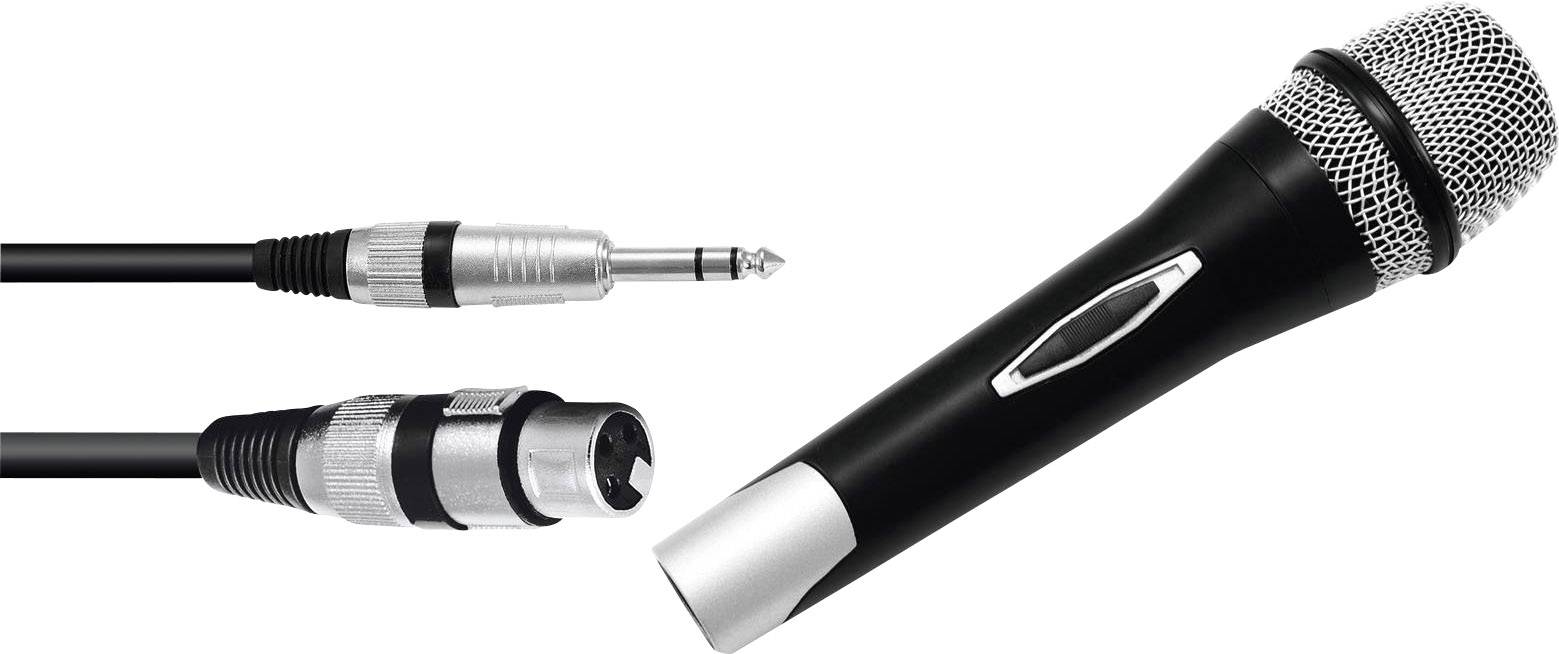 Mikrofon mit Kabelanschlüssen, darunter 6,3-mm-Klinkenstecker und XLR-Stecker, verwendet für Audioübertragung und -aufnahme.