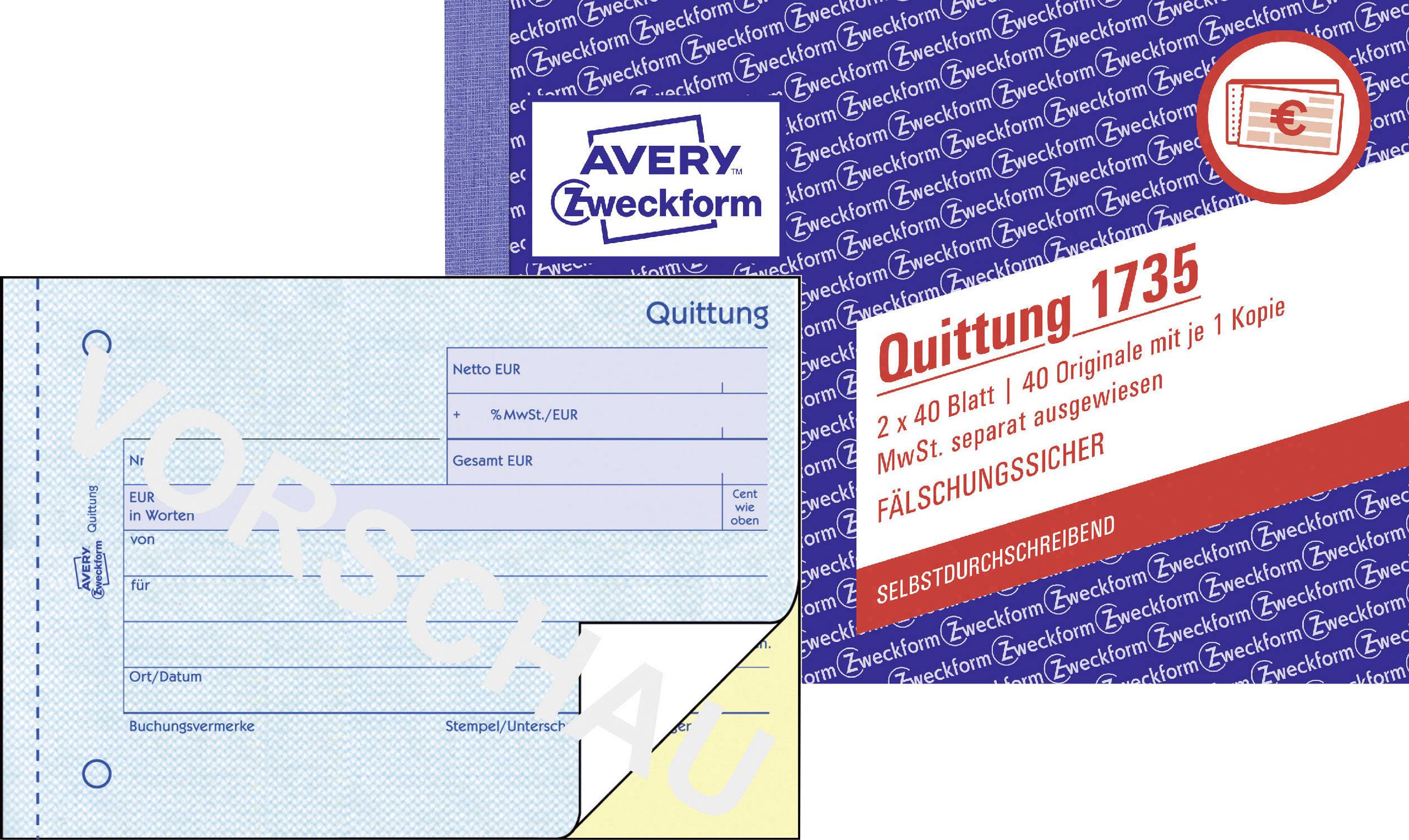 Avery Zweckform 1735 Quittung MwSt. separat ausgewiesen, A6 quer, selbstdurchschreibend, 2x40 Blatt, 5 St./Pack