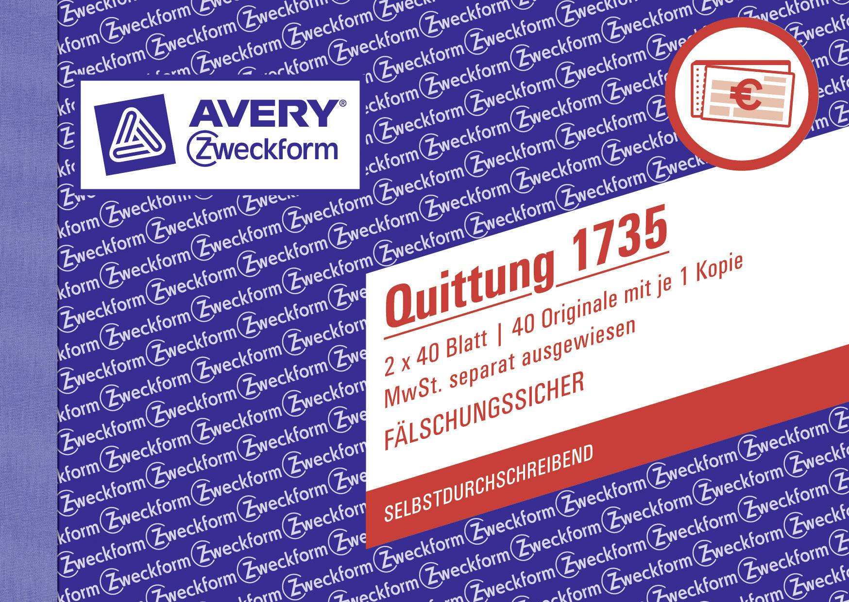 Avery Zweckform 1735 Quittung MwSt. separat ausgewiesen, A6 quer, selbstdurchschreibend, 2x40 Blatt, 5 St./Pack