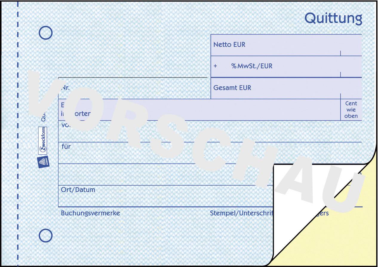 Avery Zweckform 1735 Quittung MwSt. separat ausgewiesen, A6 quer, selbstdurchschreibend, 2x40 Blatt, 5 St./Pack