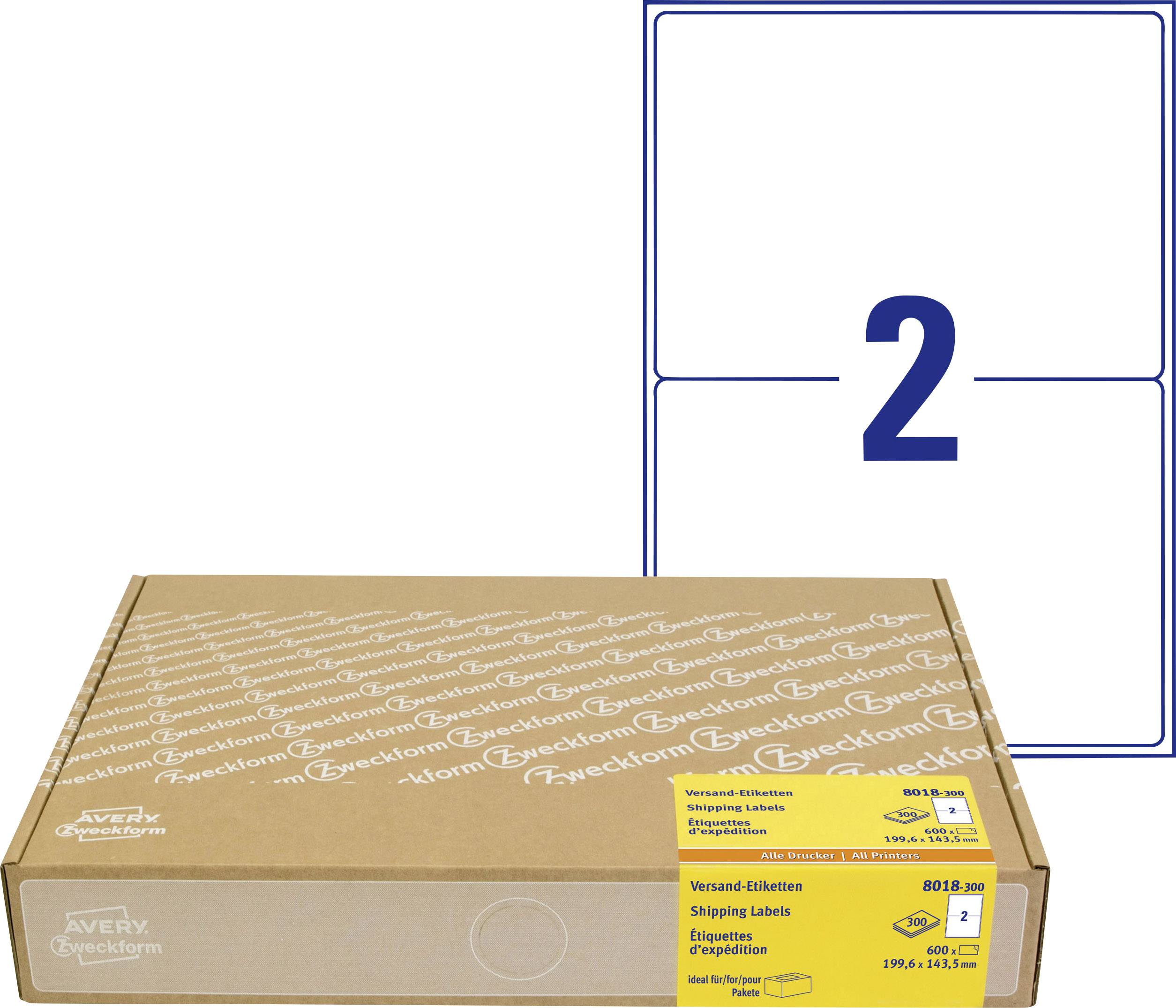 Versandetiketten-Box mit Avery-Logo, daneben Etikettendruck-Vorlage mit einer blauen Zahl '2'.