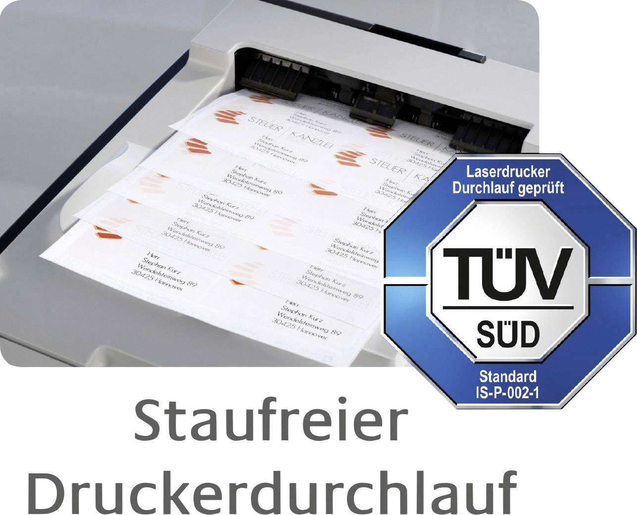 Ein Drucker mit einem staufreien Durchlauf. Rechts das TÜV SÜD Prüfzeichen für 'Laserdrucker Durchlauf geprüft', Standard IS-P-002-1.