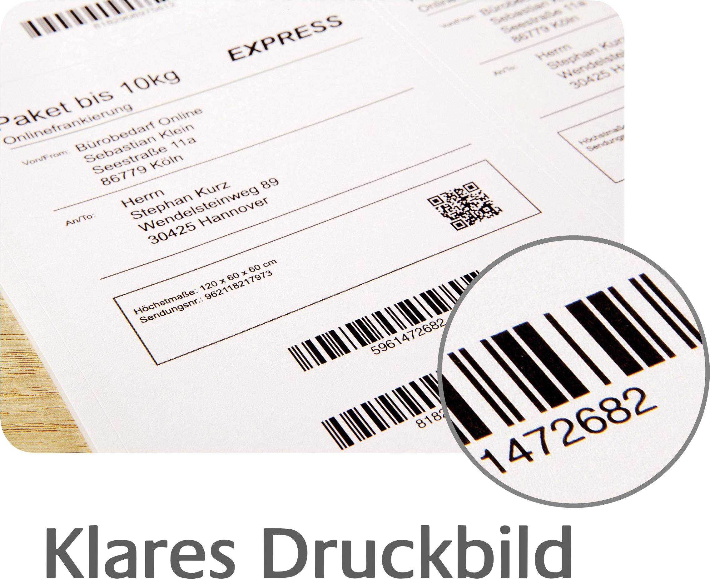 'Eti­kett mit Adress- und Barcode-An­ga­ben für Pa­ket­versand. Klarer Text: 'EXPRESS', Ziel: Han­nover, bis 10 kg. QR- und Barcode sichtbar.'