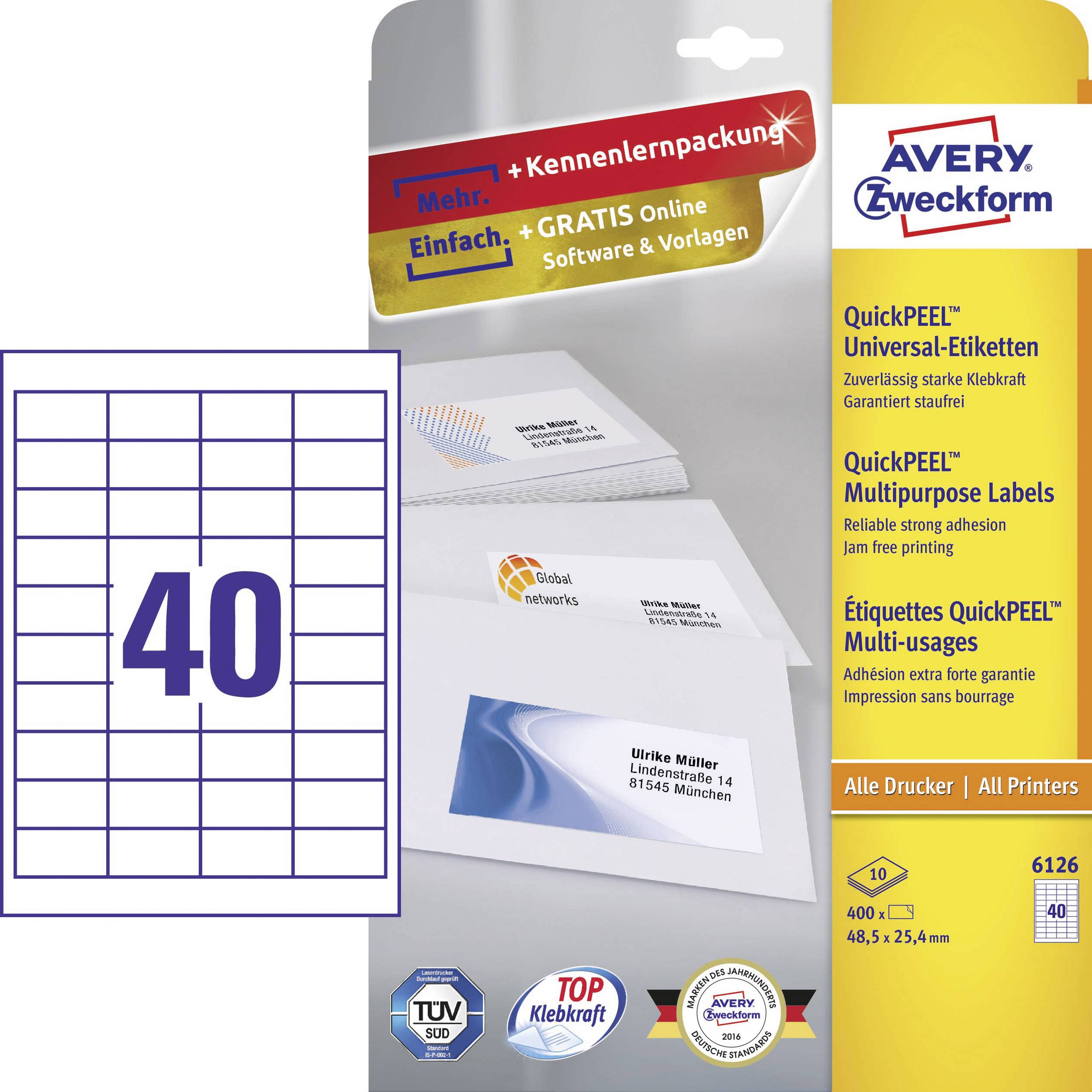 Avery-Zweckform 6126 Universal-Etiketten 48.5 x 25.4 mm Papier Weiß 400 St. Permanent haftend Tintenstrahldrucker, Laserdrucker, Farblaserdrucker