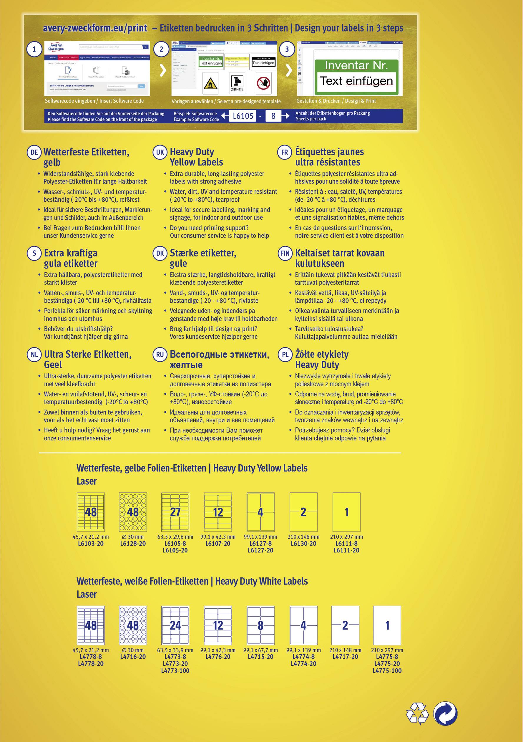 Avery-Zweckform L6127-8 Wetterfeste Etiketten 99.1 x 139 mm Polyester-Folie Gelb 32 St. Permanent haftend Farblaserdrucker, Laserdrucker