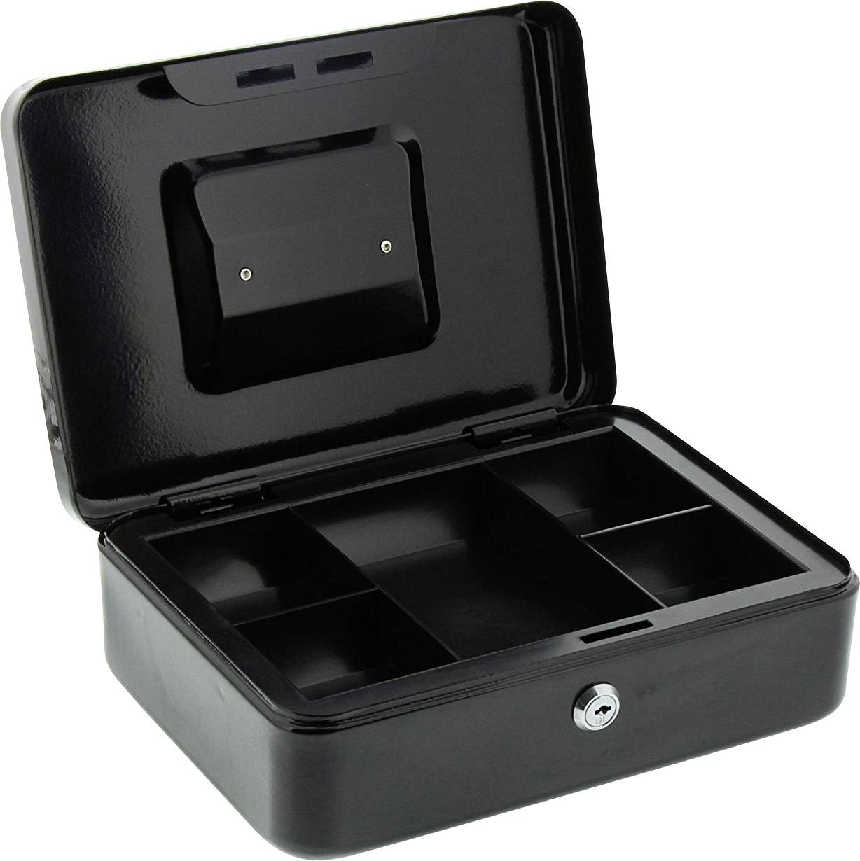 Eine schwarze, geöffnete Geldkassette mit fünf Fächern, von denen drei länglich sind. Ein Schlüsselloch ist vorne sichtbar.