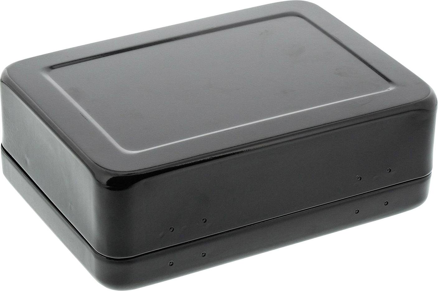 Eine rechteckige, schwarze Kunststoffbox ohne sichtbare Markierungen oder Verzierungen.