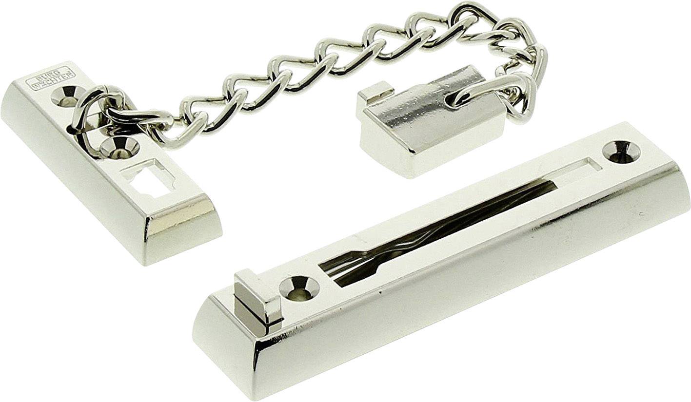 Türkette aus Metall, bestehend aus zwei rechteckigen Teilen mit Kette und einem Schiebeverschluss. Geeignet für zusätzliche Türsicherheit.