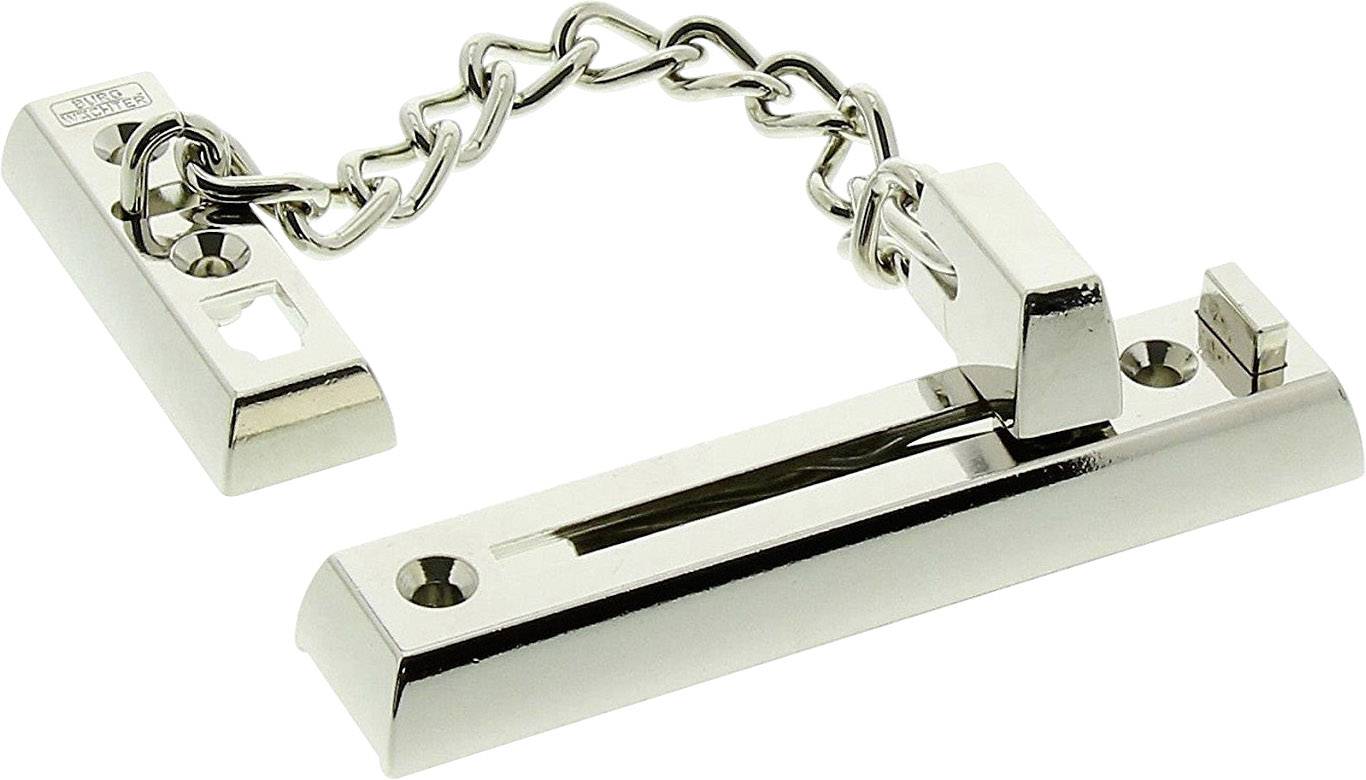 Türkettensicherung aus Metall mit Zwei-Punkt-Befestigung zur Erhöhung der Sicherheit und Kontrolle des Zugangs durch gekettete Öffnung.