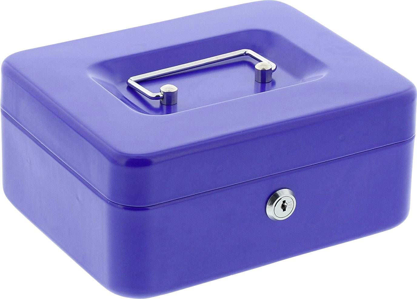 Eine blaue, rechteckige Metallkassette mit Tragegriff und Schloss, verwendet zur Aufbewahrung von Geld oder Wertsachen.