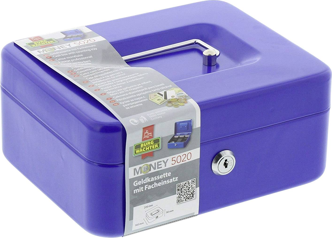 Blaue Geldkassette mit Schloss und Tragegriff. Aufkleber zeigt 'BURGWÄCHTER Money 5020' und Informationen zum Produkt.