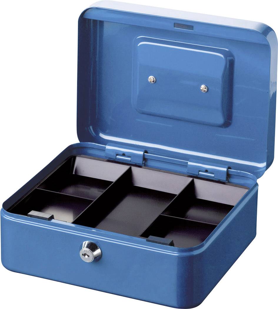 Eine geöffnete blaue Geldkassette mit fünf Fächern. Die Kassette zeigt ein Schloss an der Vorderseite.