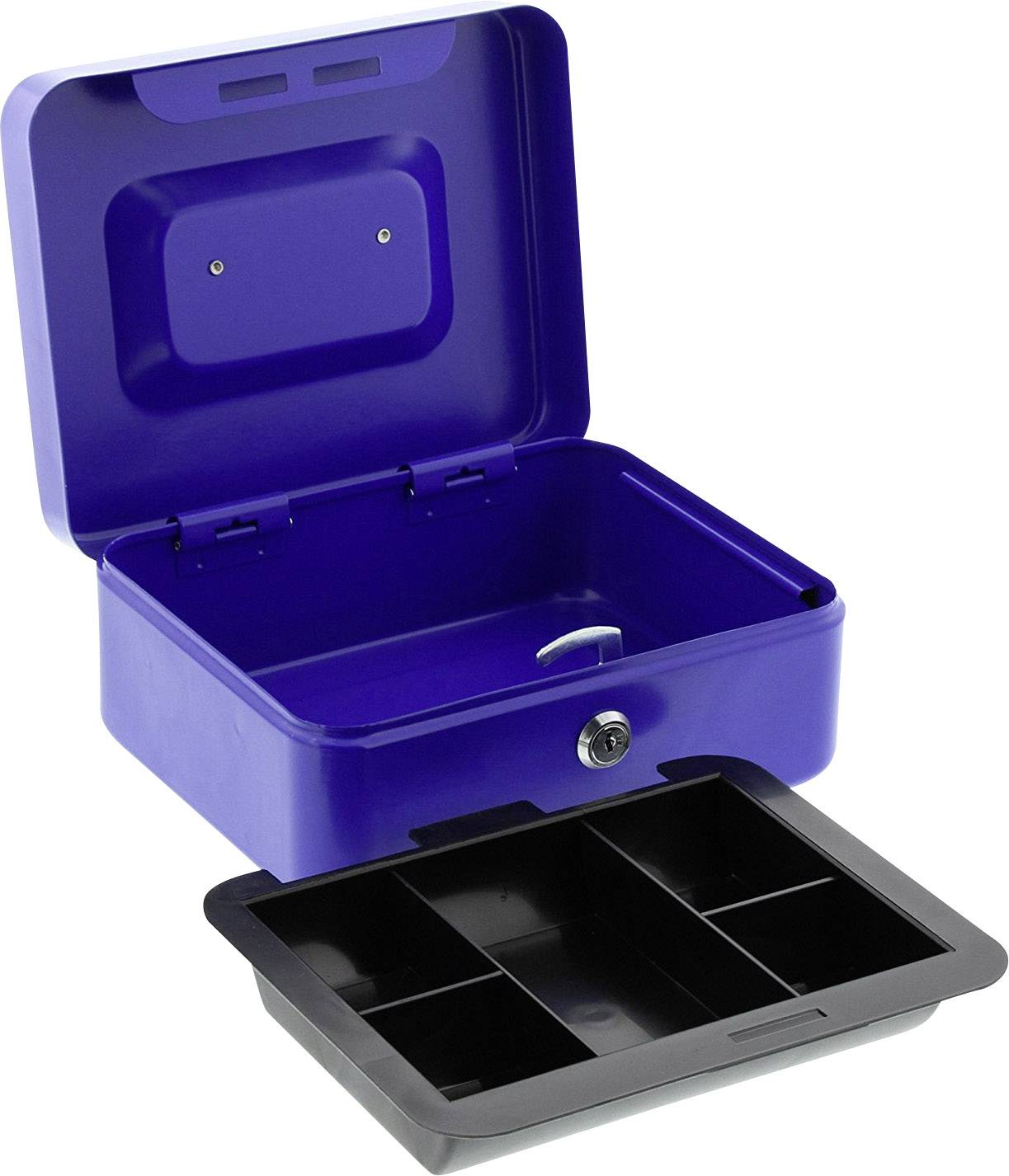 Blaue Geldkassette mit geöffnetem Deckel und herausnehmbarem Einsatz mit mehreren Fächern zur Organisierung von Münzen und Scheinen.