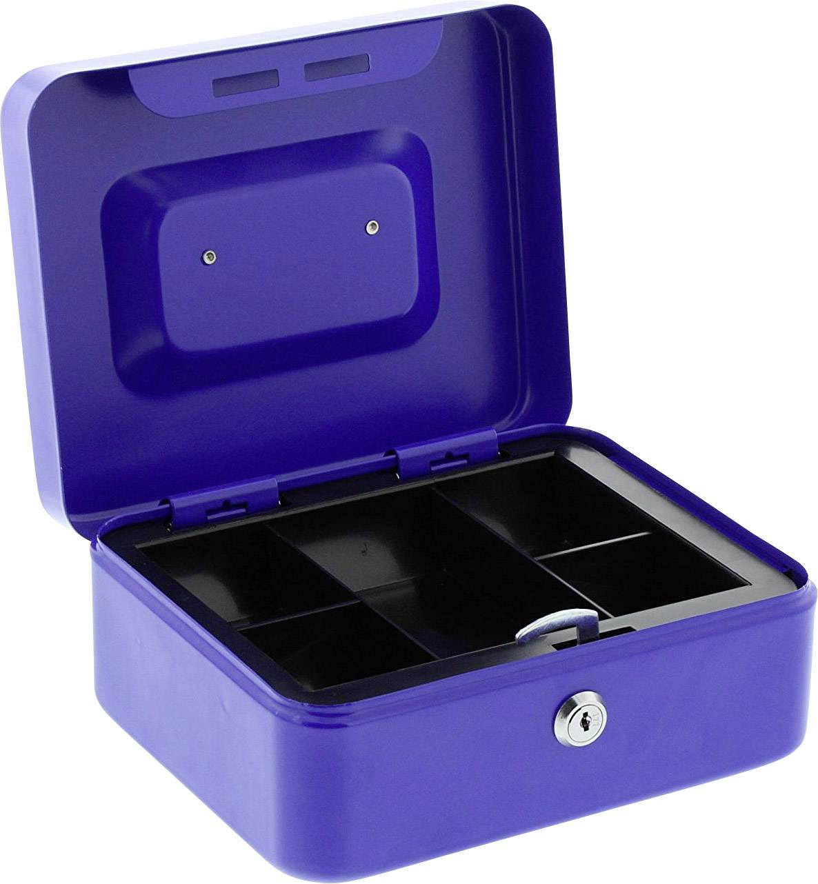 Blaue Geldkassette mit geöffnetem Deckel. Inneneinteilung mit mehreren Fächern. Vorne ist ein Schloss angebracht.