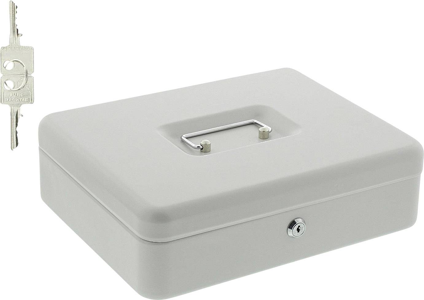 Metallene Geldkassette mit Tragegriff und Schloss, daneben ein Schlüssel. Sie dient zur Aufbewahrung von Bargeld oder Wertsachen.