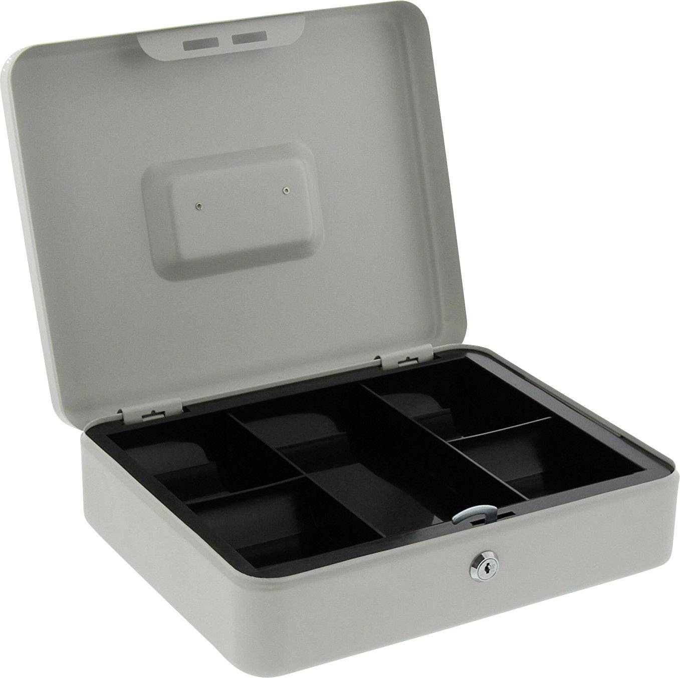 Geldkassette aus Metall mit offenem Deckel, zeigt sechs Fächer zur Aufbewahrung von Münzen und Scheinen, verriegelt mit einem Schlüssel.