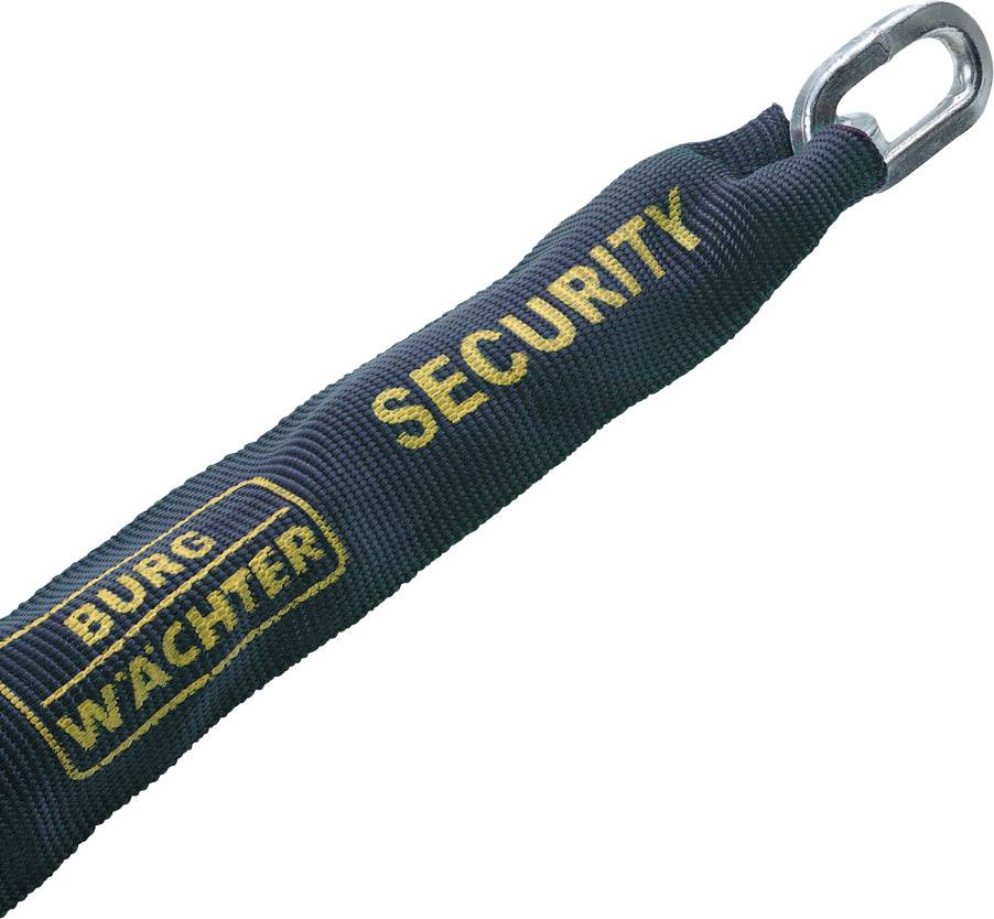 Ein Sicherheitsschloss mit dem Aufdruck 'Burg Wächter Security' auf einem blauen Hintergrund; Metallschlaufe sichtbar an einem Ende.