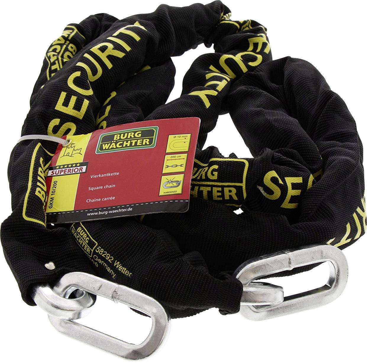 Schwarze Sicherheitskette der Marke 'Burg Wächter' mit gelben Schriftzügen, inklusive Verpackungsetikett mit Produktinformationen.