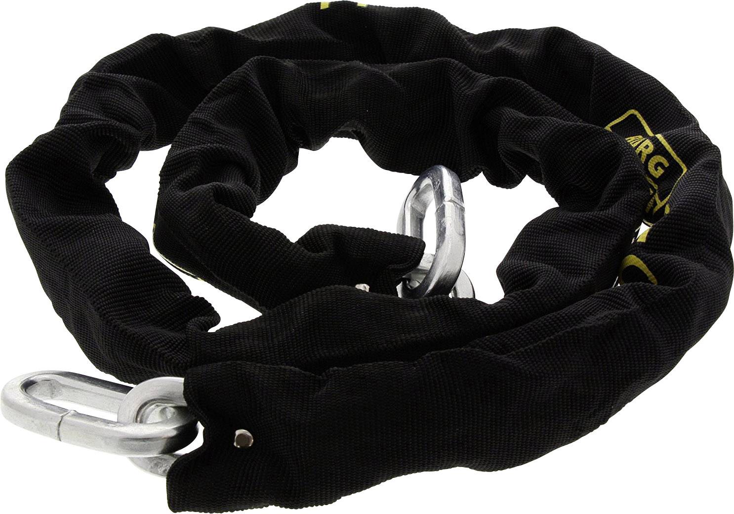 Ein schwarzes, strapazierfähiges Kettenschloss mit metallenen Verschlüssen, dient der Sicherung von Fahrrädern, Motorrädern oder ähnlichem.