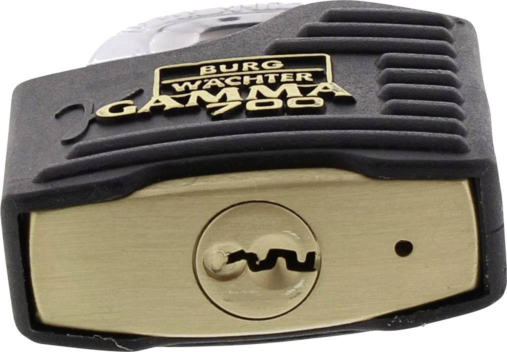 Ein schwarzes Vorhängeschloss der Marke 'Burg Wächter Gamma 700'. Groß und robust mit goldenem Schlosskern, seitlich liegend.