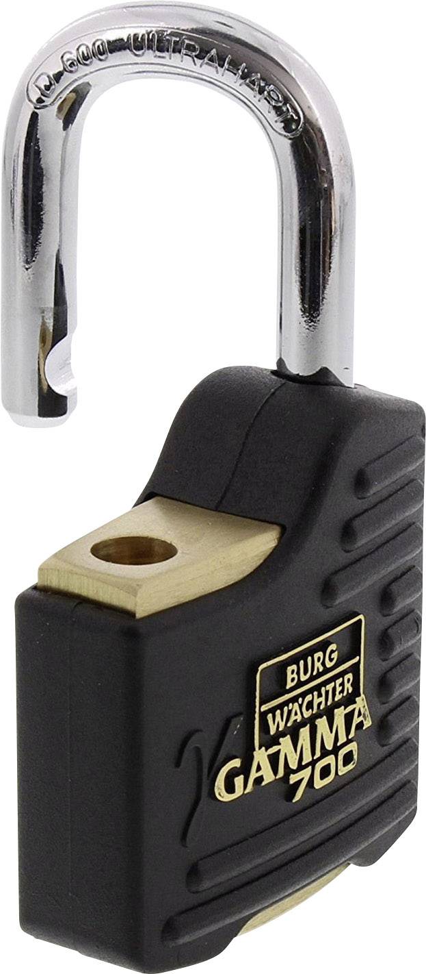 Ein geöffnetes Vorhängeschloss, schwarz mit silbernem Bügel, Markenaufdruck: 'Burg Wächter Gamma 700'.