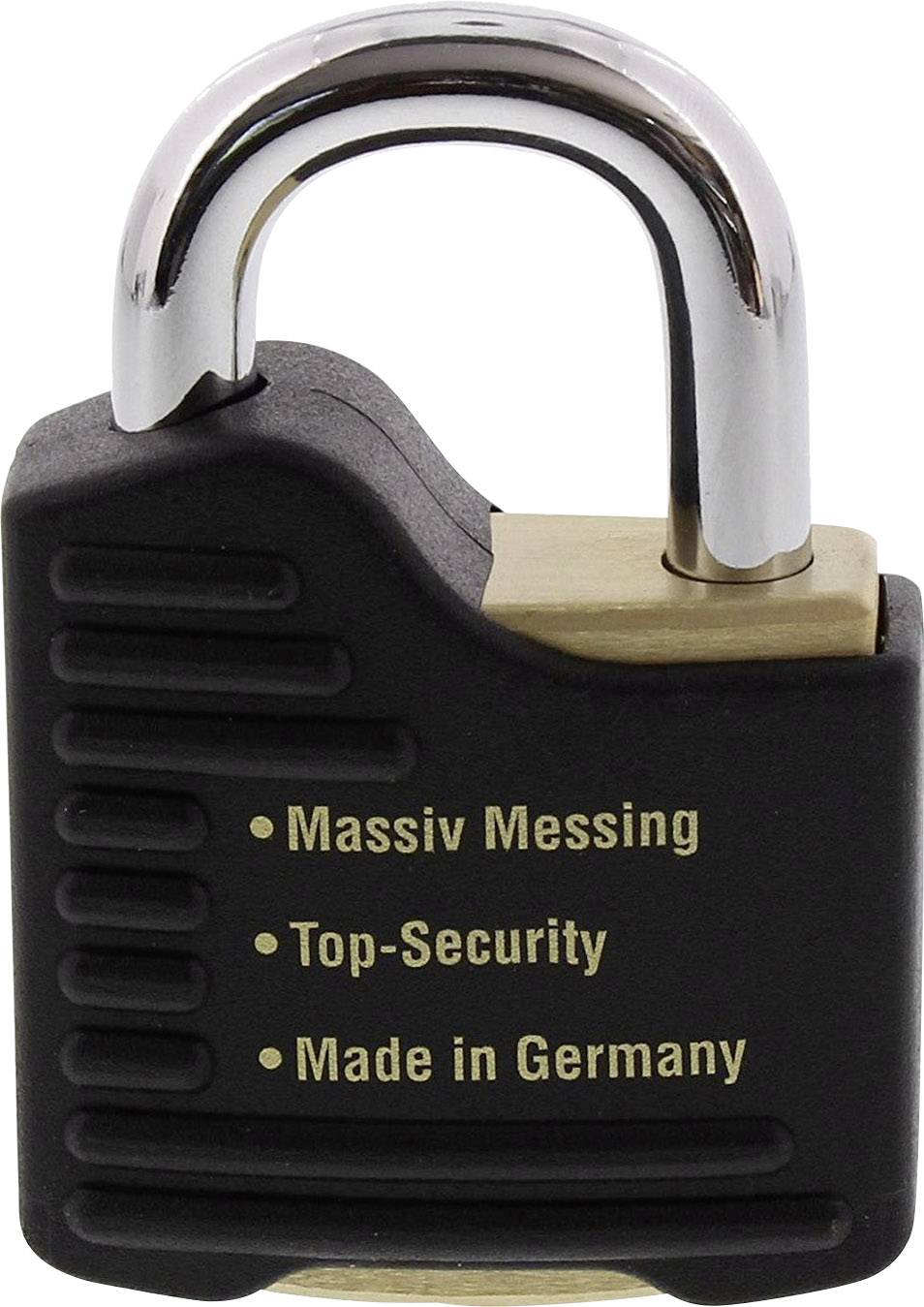 Ein schwarzes Vorhängeschloss mit der Aufschrift 'Massiv Messing', 'Top-Security', 'Made in Germany' auf der Vorderseite.