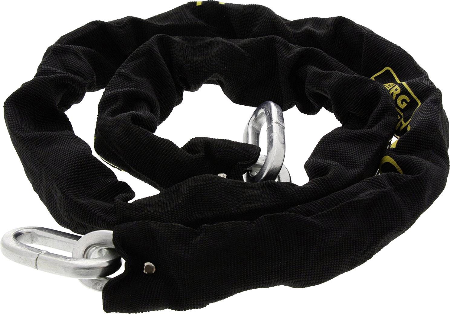 Schwarze Panzerkette mit ummantelter Textiloberfläche und zwei silbernen Metallhaken an den Enden.