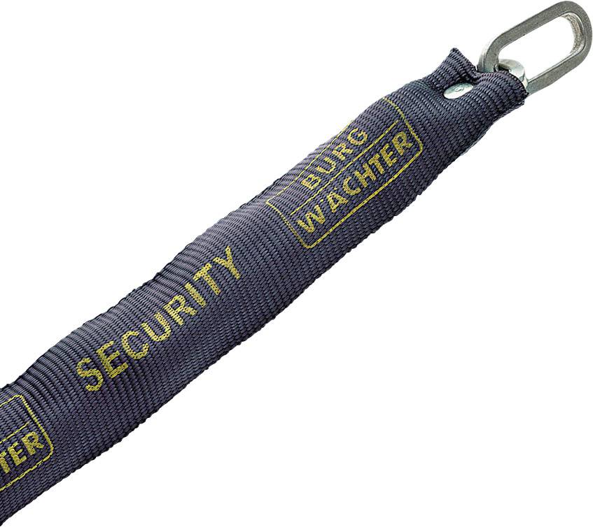 Ein schwarzes Sicherheitsband mit gelbem Text 'Burg Wächter Security' und einem Metallclip am Ende.