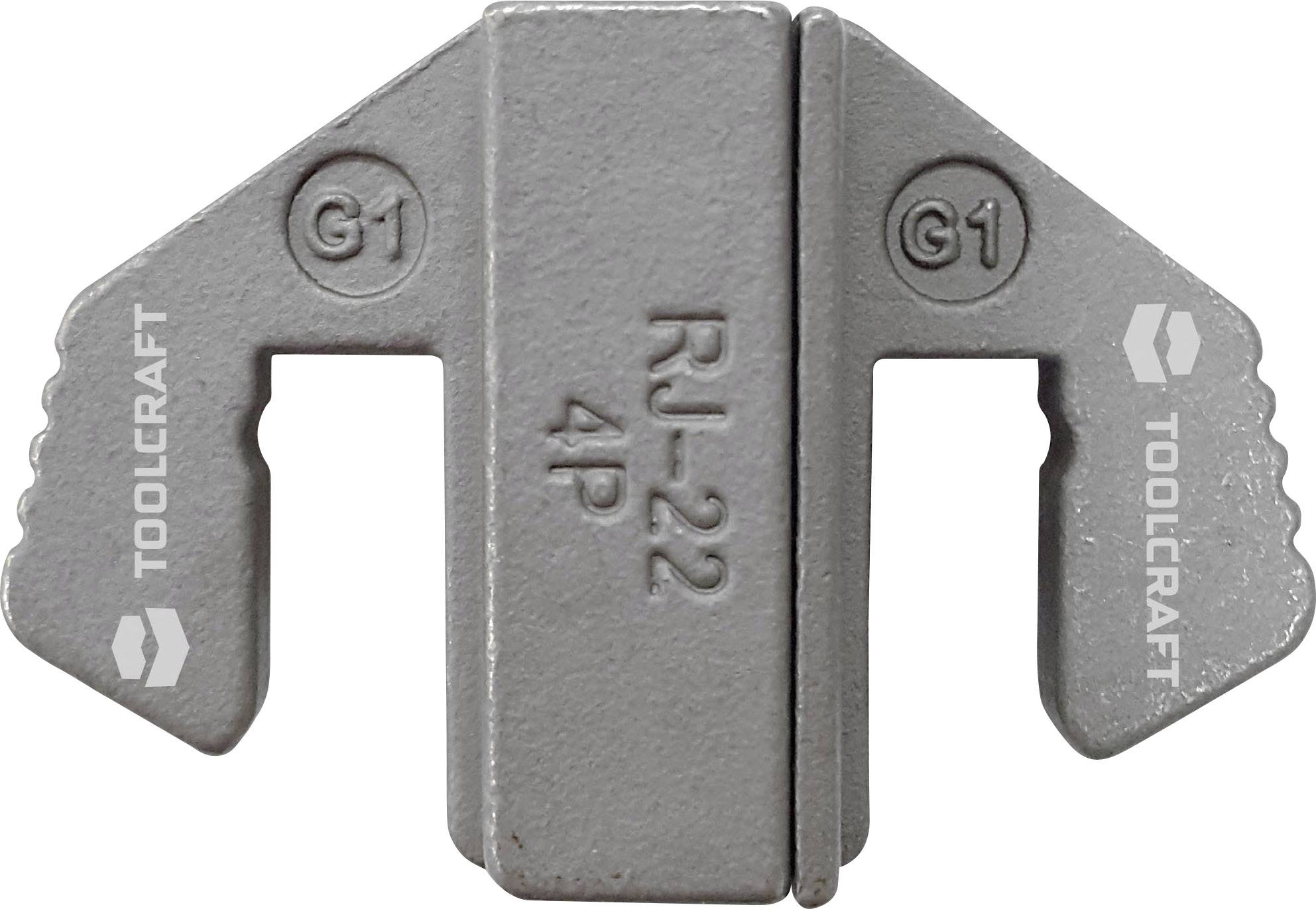 Crimpwerkzeug-Einsatz mit Aufschrift 'RJ-22 4P' und Markierung 'G1', geeignet für Bearbeitung bestimmter Kabeltypen. Toolcraft-Logo links und rechts.