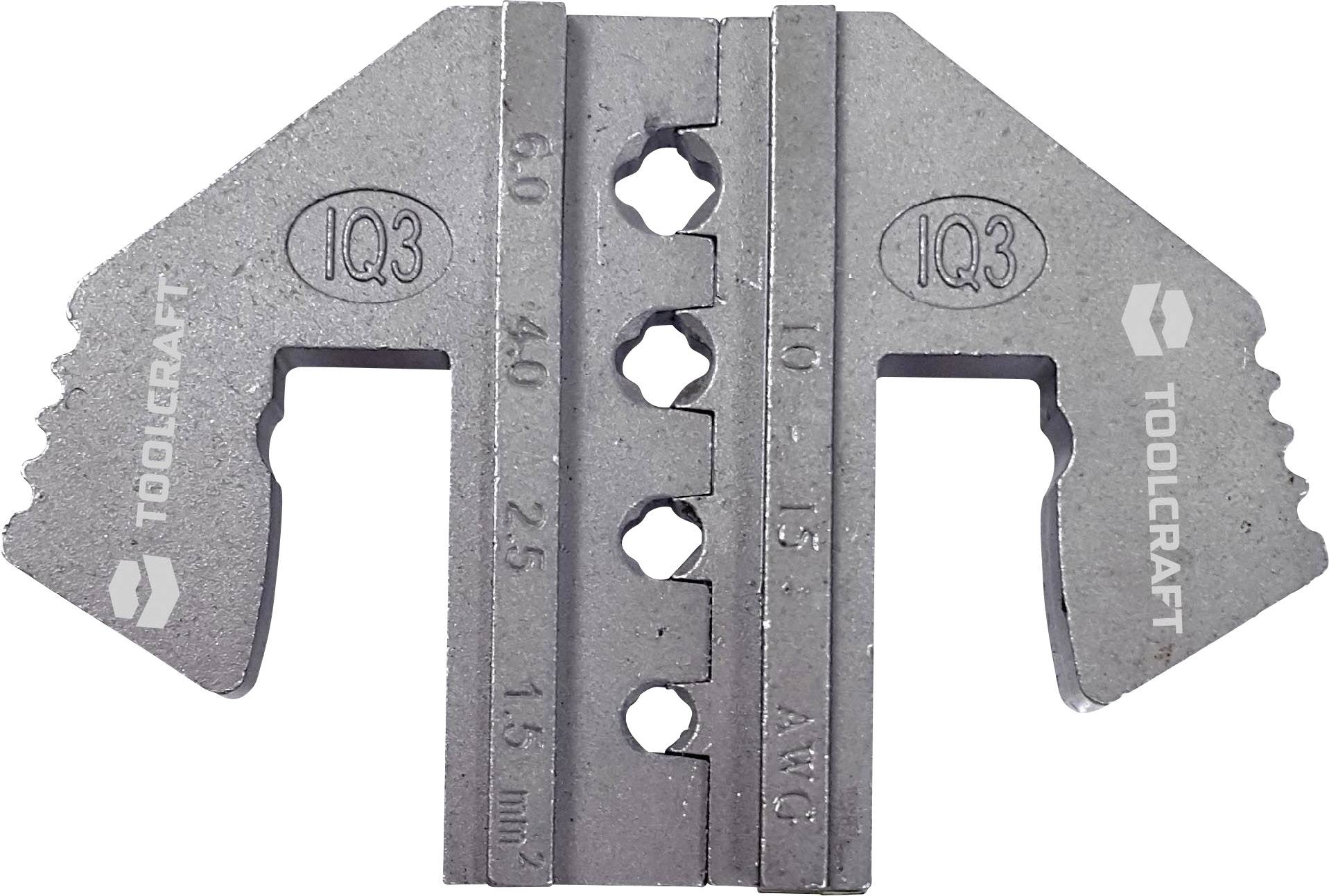 Metallische Crimpzange mit skalierten Aussparungen für Drahtgrößen '10-15 AWG' und '15-60 mm²', Marke 'Toolcraft'.
