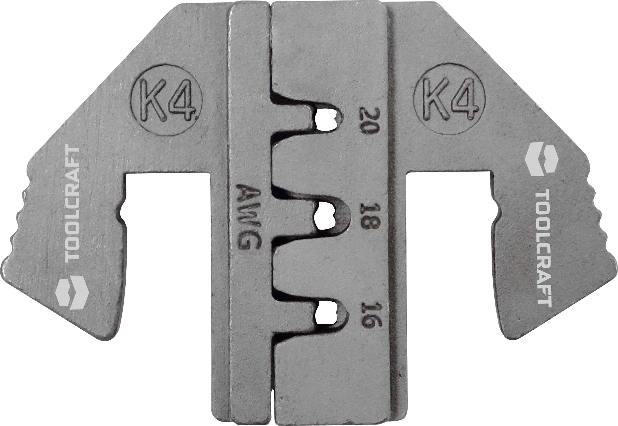 Ein silbernes Kabelcrimpwerkzeug mit Markierungen 'K4', AWG 20, 18, 16 zeigt die Größen für das Crimpen von Kabeln.