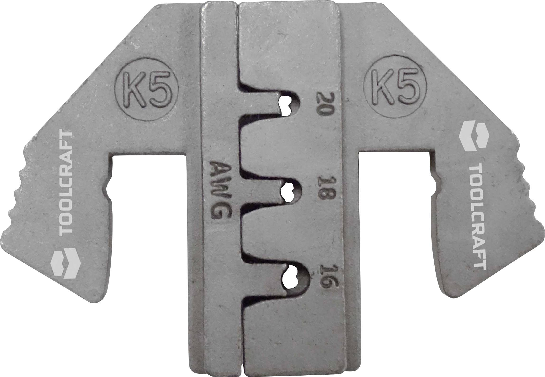 Ein Crimpwerkzeugaufsatz mit den Aufdruck 'K5' und 'TOOLCRAFT', zeigt Kerben für Kabelgrößen AWG 20, 18 und 16.