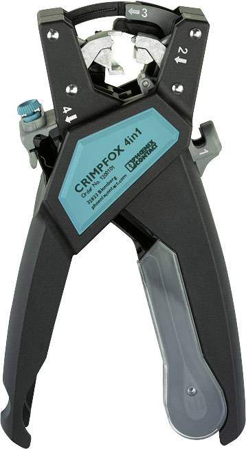 Crimpzange CRIMPFIX 4-in-1 von Phoenix Contact mit Ziffern für verschiedene Drahtgrößen auf schwarzem Gehäuse.