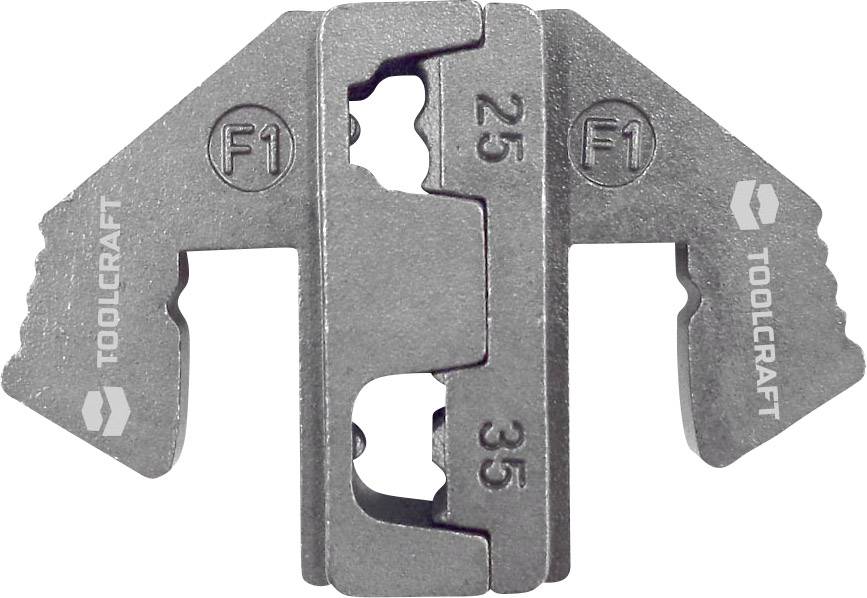 Metallisches Werkstück mit zwei Flügeln. Gravuren: 'F1', 'TOOLCRAFT', Zahlen '25' und '35' markieren Abstände.